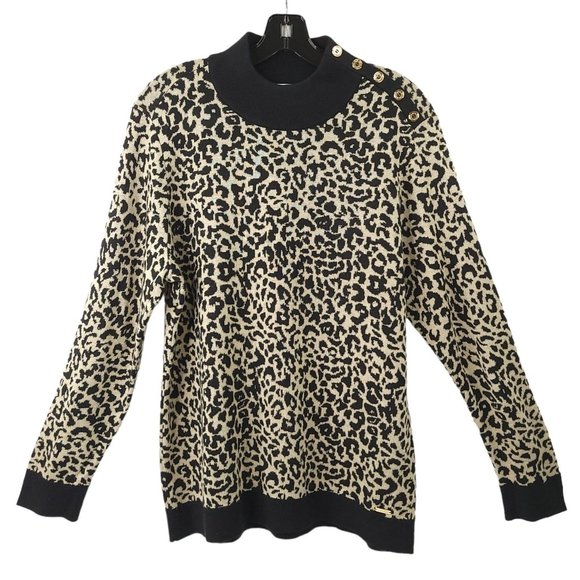 Calvin Klein Animal Print Pullover Sweater Womens L Black Tan Button Accents - Picture 1 of 16